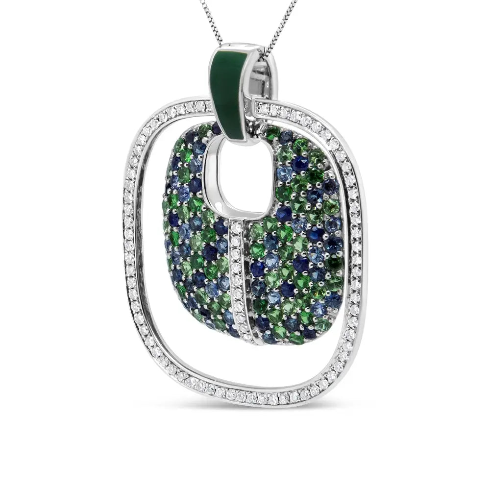 .925 Sterling Silver Green Enamel Pendant with 1/2 Cttw Diamond Sapphire and Tsavorite Openwork Statement 18’’