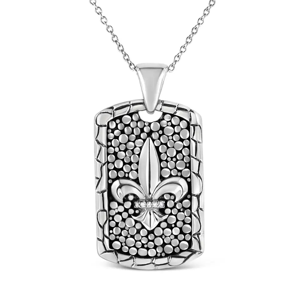 .925 Sterling Silver Invisible-set Diamond Accent ?Fleur Di Lis’ 18’’ Pendant Necklace Dog Tag (i-j Color I1-i2