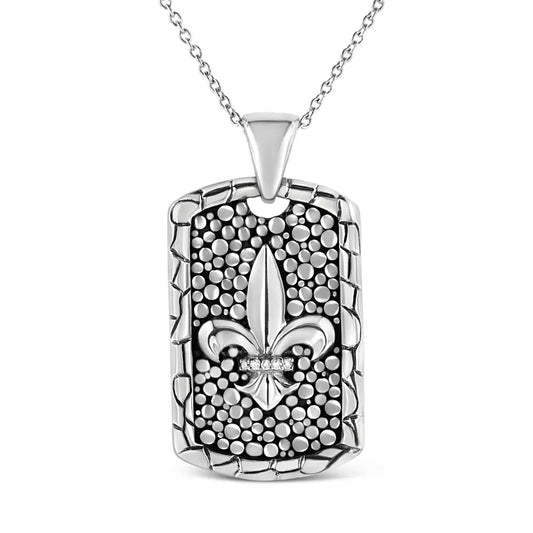 .925 Sterling Silver Invisible-set Diamond Accent ?Fleur Di Lis’ 18’’ Pendant Necklace Dog Tag (i-j Color I1-i2