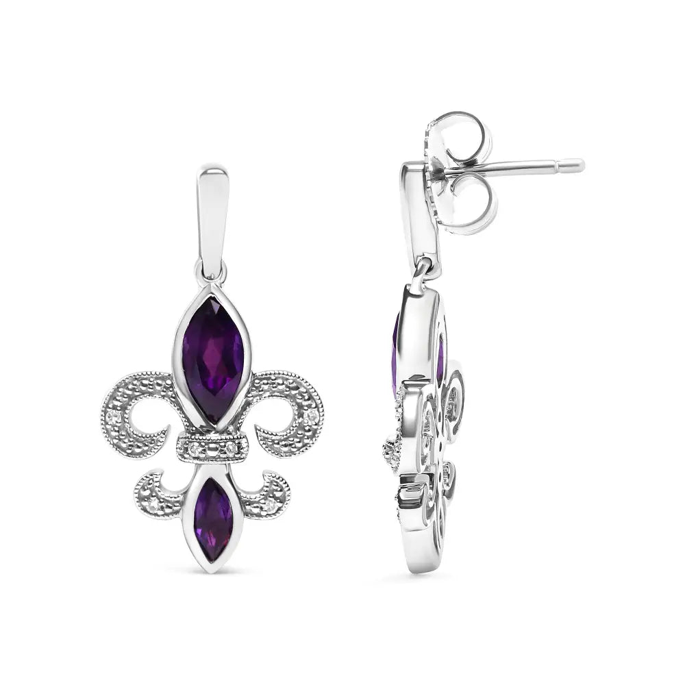 .925 Sterling Silver Marquise Cut Amethyst and Diamond Accent Fleur De Lis Dangle Stud Earrings (h-i Color Si1-si2