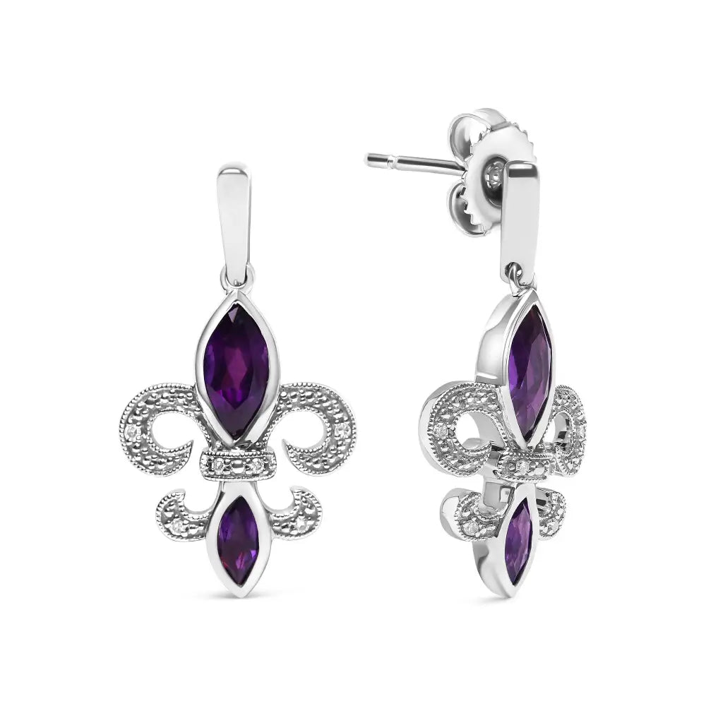 .925 Sterling Silver Marquise Cut Amethyst and Diamond Accent Fleur De Lis Dangle Stud Earrings (h-i Color Si1-si2