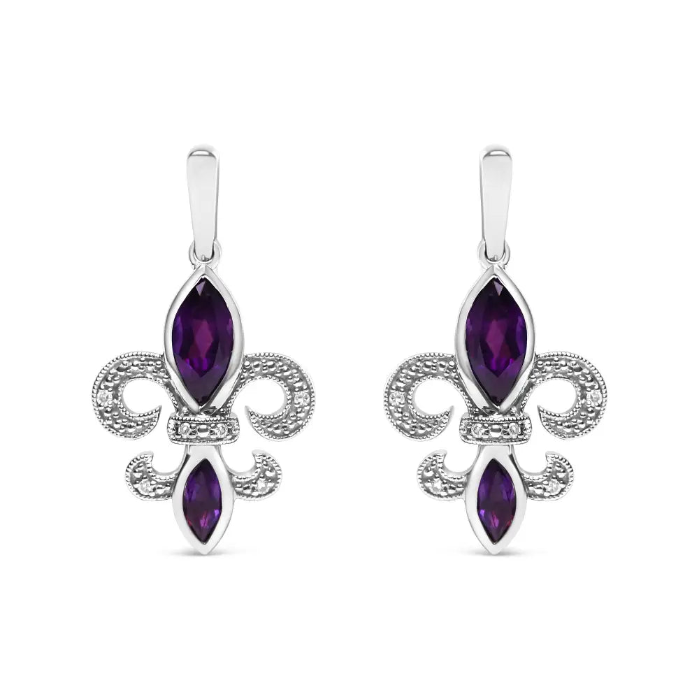 .925 Sterling Silver Marquise Cut Amethyst and Diamond Accent Fleur De Lis Dangle Stud Earrings (h-i Color Si1-si2