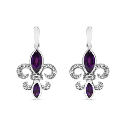 .925 Sterling Silver Marquise Cut Amethyst and Diamond Accent Fleur De Lis Dangle Stud Earrings (h-i Color Si1-si2