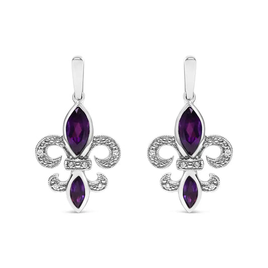 .925 Sterling Silver Marquise Cut Amethyst and Diamond Accent Fleur De Lis Dangle Stud Earrings (h-i Color Si1-si2