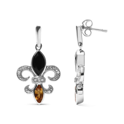 .925 Sterling Silver Marquise Cut Onyx and Citrine with Diamond Accent Fleur De Lis Drop Stud Earrings (h-i Color