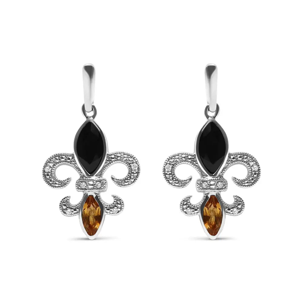 .925 Sterling Silver Marquise Cut Onyx and Citrine with Diamond Accent Fleur De Lis Drop Stud Earrings (h-i Color