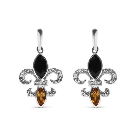 .925 Sterling Silver Marquise Cut Onyx and Citrine with Diamond Accent Fleur De Lis Drop Stud Earrings (h-i Color