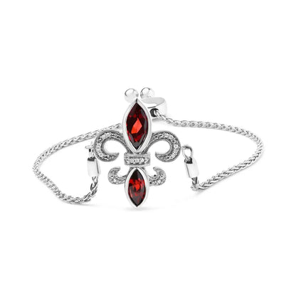 .925 Sterling Silver Marquise Garnet and Diamond Accent Lariat 4”-10” Fleur De Lis Adjustable Bolo Bracelet (h-i