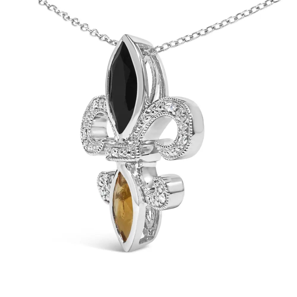 .925 Sterling Silver Marquise Onyx and Citrine Diamond Accent Fleur De Lis Pendant Necklace (h-i Color Si1-si2 Clarity)