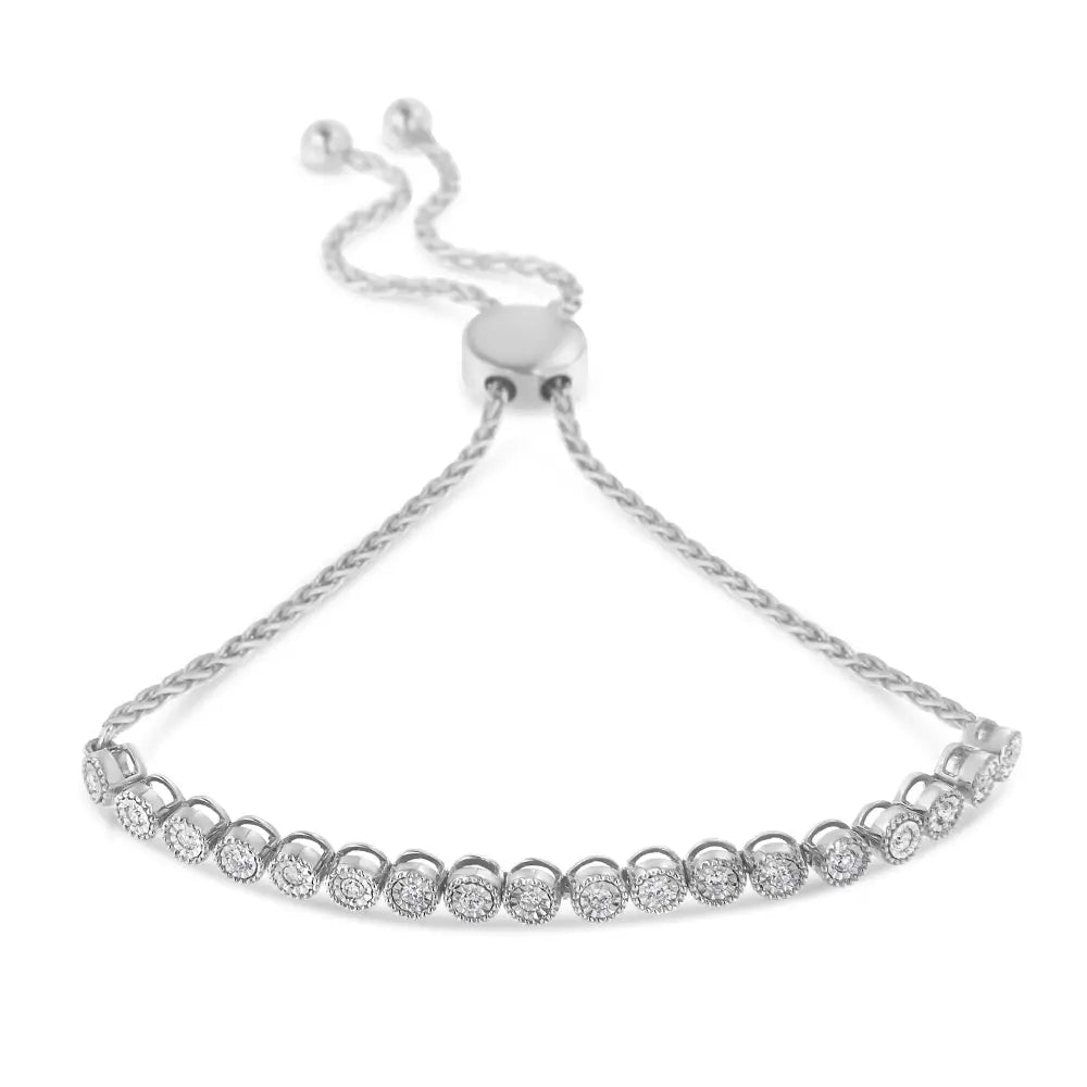 .925 Sterling Silver Miracle-set Diamond Accented 6”-9” Adjustable Beaded Tennis Bolo Bracelet (h-i Color I2-i3