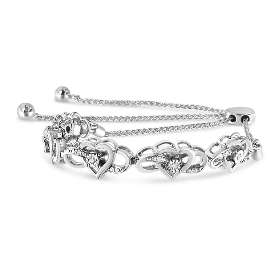 .925 Sterling Silver Miracle Set Diamond Accented Infinity Hearts 6”-9” Adjustable Bolo Bracelet (h-i Color I2-i3