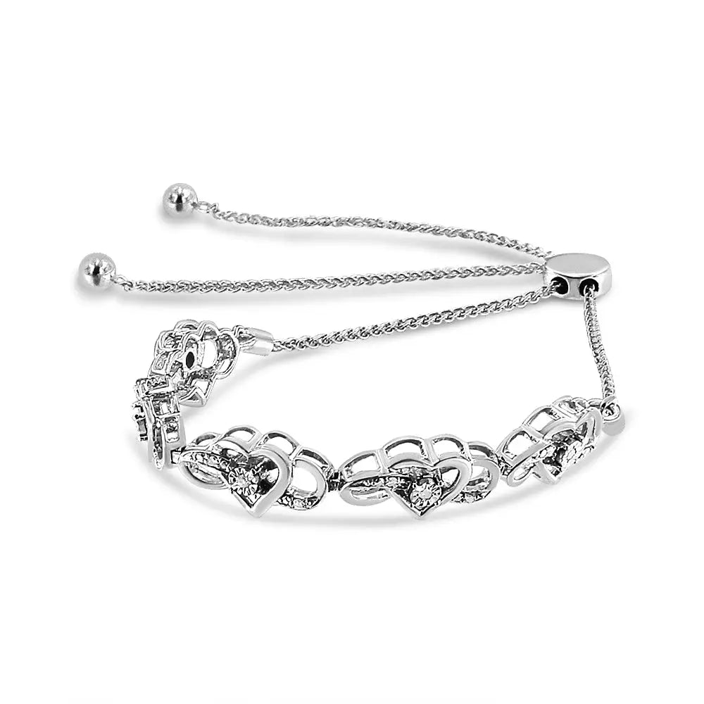 .925 Sterling Silver Miracle Set Diamond Accented Infinity Hearts 6”-9” Adjustable Bolo Bracelet (h-i Color I2-i3