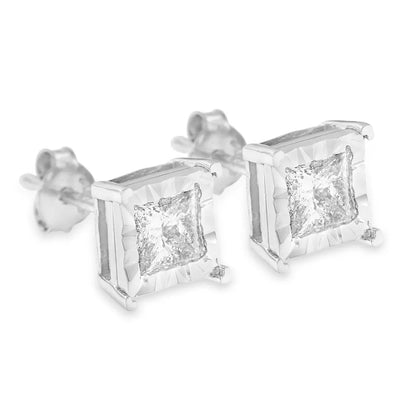 .925 Sterling Silver Miracle Set Princess-cut Diamond Solitaire Stud Earrings (h-i Color Si2-i1 Clarity) - Fine Jewelry