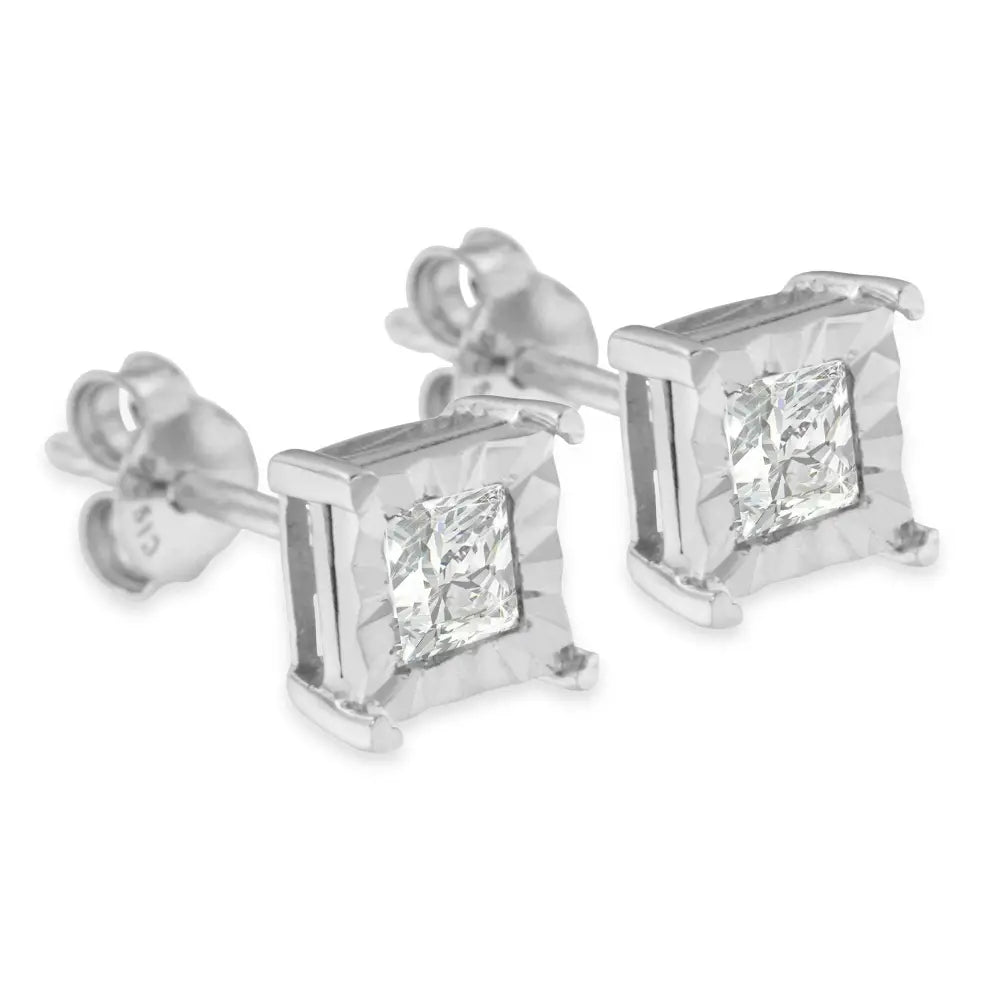 .925 Sterling Silver Miracle Set Princess-cut Diamond Solitaire Stud Earrings (h-i Color Si2-i1 Clarity) - Fine Jewelry