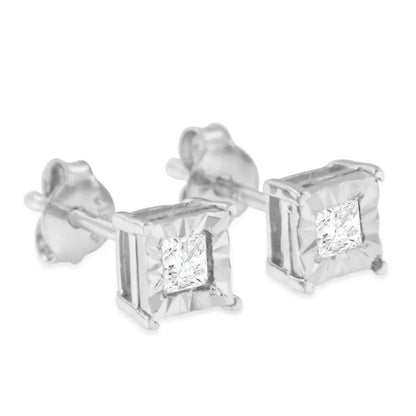 .925 Sterling Silver Miracle Set Princess-cut Diamond Solitaire Stud Earrings (i-j Color Si1-si2 Clarity) - Fine