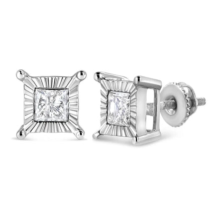 .925 Sterling Silver Miracle Set Princess-cut Diamond Solitaire Stud Earrings (h-i Color I2-i3 Clarity) - Fine Jewelry