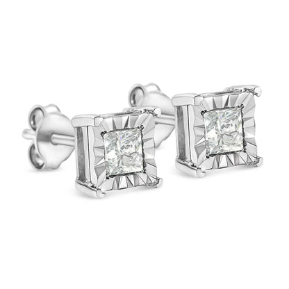 .925 Sterling Silver Miracle Set Princess-cut Diamond Solitaire Stud Earrings (i-j Color Si1-si2 Clarity) - Fine