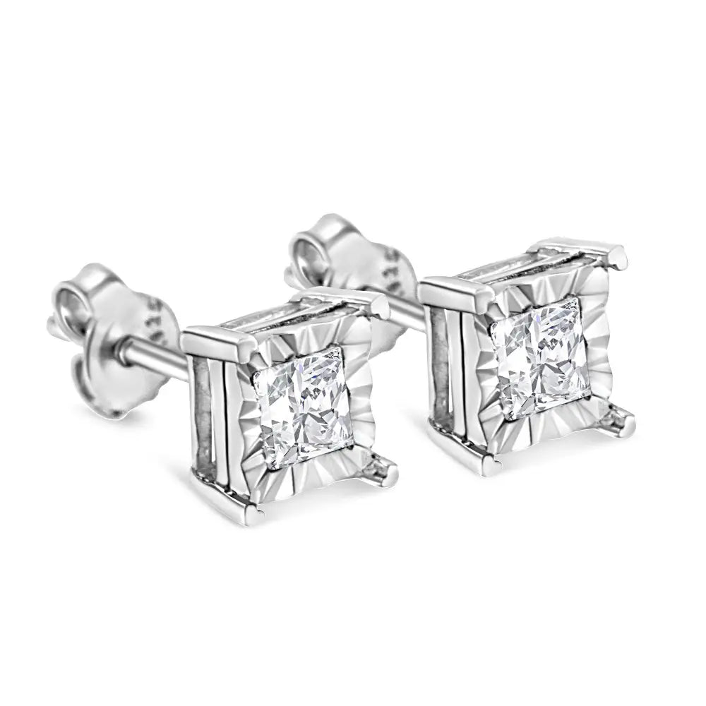 .925 Sterling Silver Miracle Set Princess-cut Diamond Solitaire Stud Earrings (h-i Color Si2-i1 Clarity) - Fine Jewelry