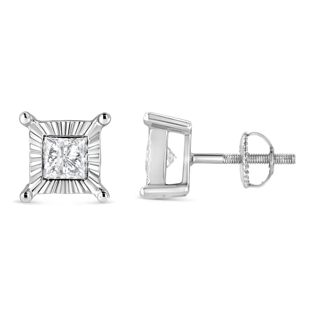 .925 Sterling Silver Miracle Set Princess-cut Diamond Solitaire Stud Earrings (h-i Color I2-i3 Clarity) - Fine Jewelry