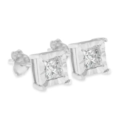 .925 Sterling Silver Miracle Set Princess-cut Diamond Solitaire Stud Earrings (h-i Color Si2-i1 Clarity) - Fine Jewelry