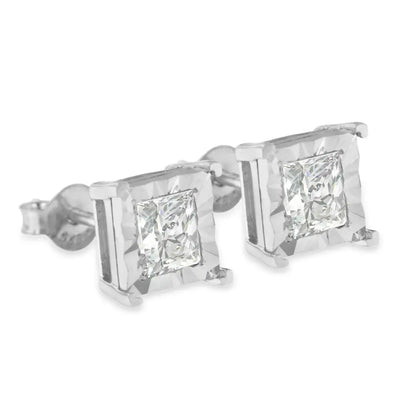 .925 Sterling Silver Miracle Set Princess-cut Diamond Solitaire Stud Earrings (h-i Color I2-i3 Clarity) - Fine Jewelry