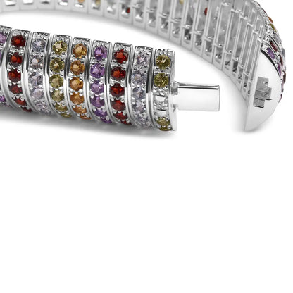 .925 Sterling Silver Multi Row Rainbow Gemstone Bangle Bracelet - 7.5’’ Inches - Fine Jewelry us Direct