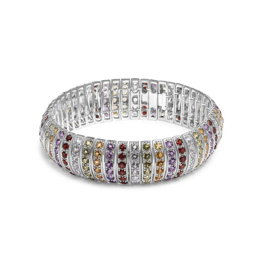 .925 Sterling Silver Multi Row Rainbow Gemstone Bangle Bracelet - 7.5’’ Inches - Fine Jewelry us Direct