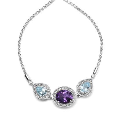 .925 Sterling Silver Oval Amethyst and Pear Blue Topaz with Diamond Accent Lariat 4”-10” Adjustable Bolo Bracelet