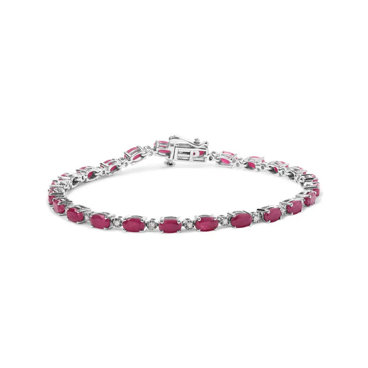 .925 Sterling Silver Oval Ruby and 1/4 Cttw Diamond Link Bracelet - Size 7.25’’ - (i-j Color I2-i3 Clarity) - Fine