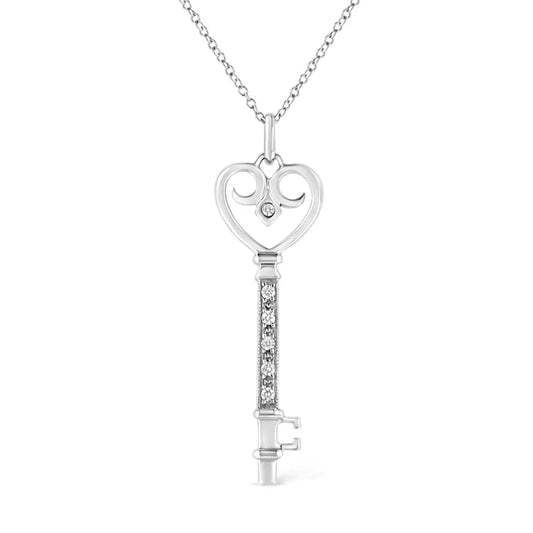 .925 Sterling Silver Pave and Bezel-set Diamond Accent Key 18’’ Heart Lock Pendant Necklace (k-l Color I1-i2