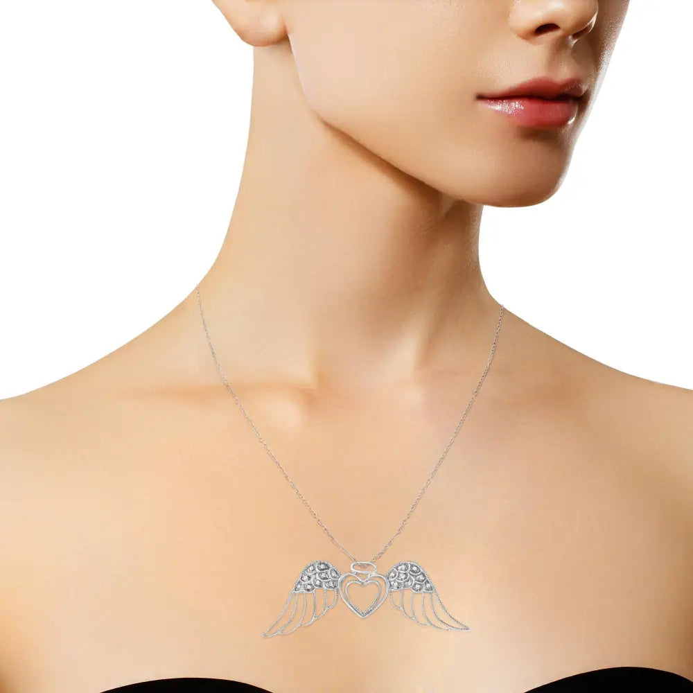 .925 Sterling Silver Pave-set Diamond Accent Angel Wing 18’’ Double Heart Pendant Necklace (i-j Color I1-i2