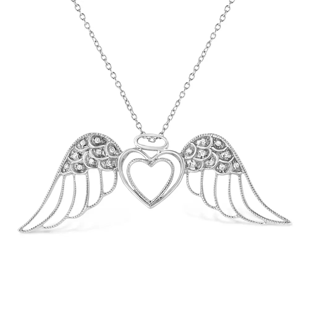 .925 Sterling Silver Pave-set Diamond Accent Angel Wing 18’’ Double Heart Pendant Necklace (i-j Color I1-i2