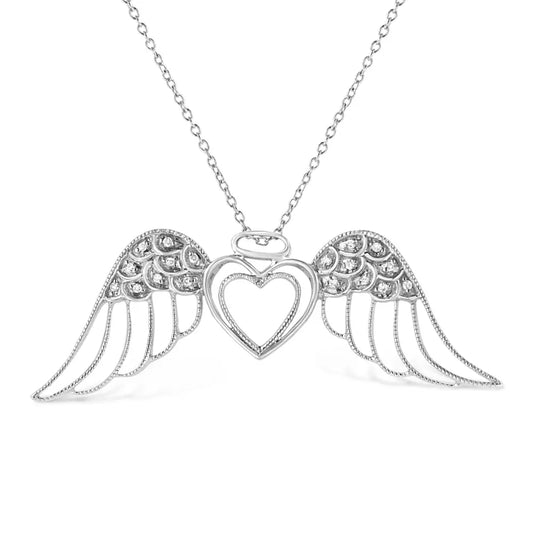 .925 Sterling Silver Pave-set Diamond Accent Angel Wing 18’’ Double Heart Pendant Necklace (i-j Color I1-i2