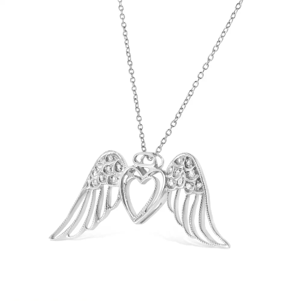 .925 Sterling Silver Pave-set Diamond Accent Angel Wing 18’’ Double Heart Pendant Necklace (i-j Color I1-i2