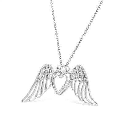 .925 Sterling Silver Pave-set Diamond Accent Angel Wing 18’’ Double Heart Pendant Necklace (i-j Color I1-i2