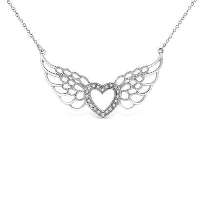 .925 Sterling Silver Pave-set Diamond Accent Fairy Wing 18’’ Heart Pendant Necklace (i-j Color I1-i2 Clarity)