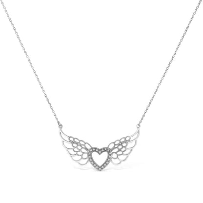 .925 Sterling Silver Pave-set Diamond Accent Fairy Wing 18’’ Heart Pendant Necklace (i-j Color I1-i2 Clarity)