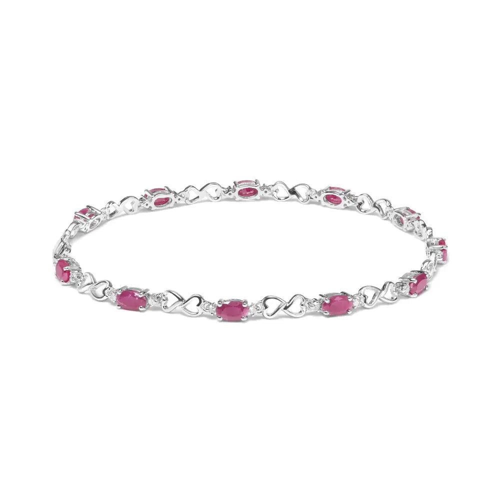 .925 Sterling Silver Pink Oval Shaped Ruby and 1/4 Cttw Diamond 7.25’’ Link Bracelet (i-j Color I2-i3 Clarity)