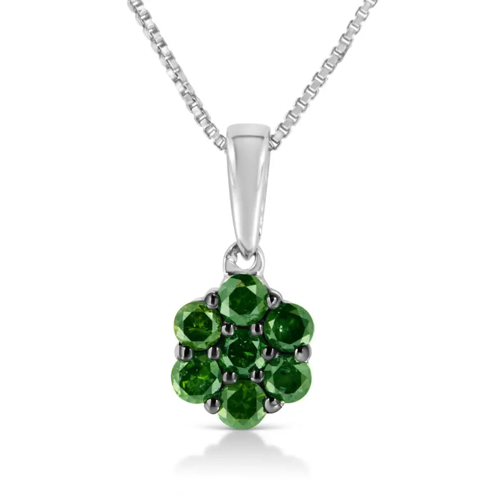 .925 Sterling Silver Prong Set Color Treated Diamond Floral Cluster 18’’ Pendant Necklace - Fine Jewelry us Direct