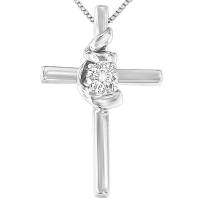 .925 Sterling Silver Prong Set Round-cut Solitaire Diamond Accent Cross 18’’ Pendant Necklace (h-i Color Si2-i1