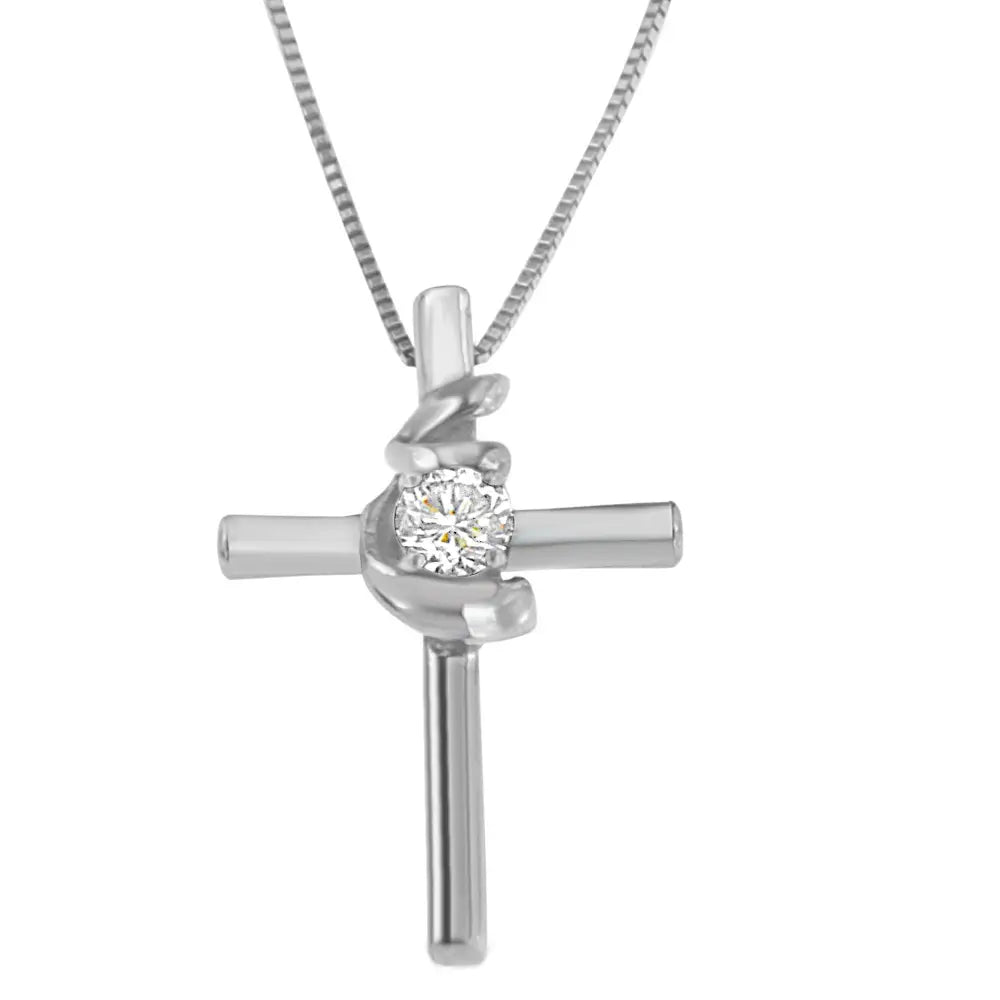 .925 Sterling Silver Prong Set Round-cut Solitaire Diamond Accent Cross 18’’ Pendant Necklace (h-i Color Si2-i1