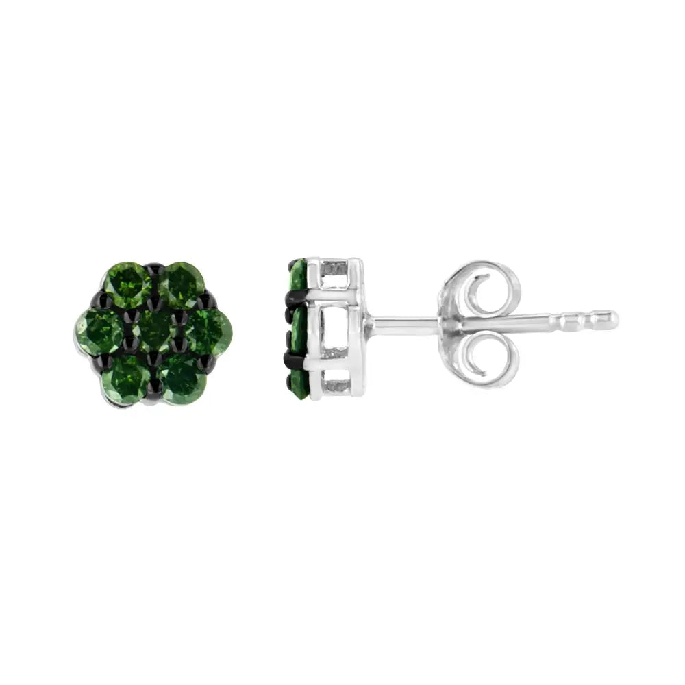 .925 Sterling Silver Prong Set Round-cut Treated Colored Diamond Floral Cluster Stud Earring - Choice of Colors