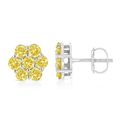 .925 Sterling Silver Prong Set Round-cut Treated Colored Diamond Floral Cluster Stud Earring - Choice of Colors