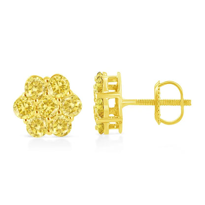 .925 Sterling Silver Prong Set Round-cut Treated Colored Diamond Floral Cluster Stud Earring - Choice of Colors