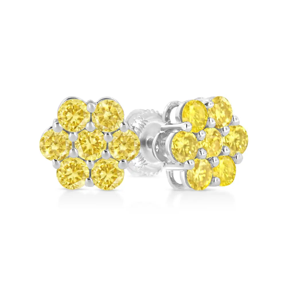 .925 Sterling Silver Prong Set Round-cut Treated Colored Diamond Floral Cluster Stud Earring - Choice of Colors