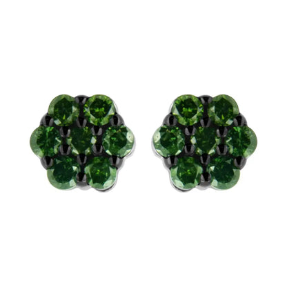 .925 Sterling Silver Prong Set Round-cut Treated Colored Diamond Floral Cluster Stud Earring - Choice of Colors