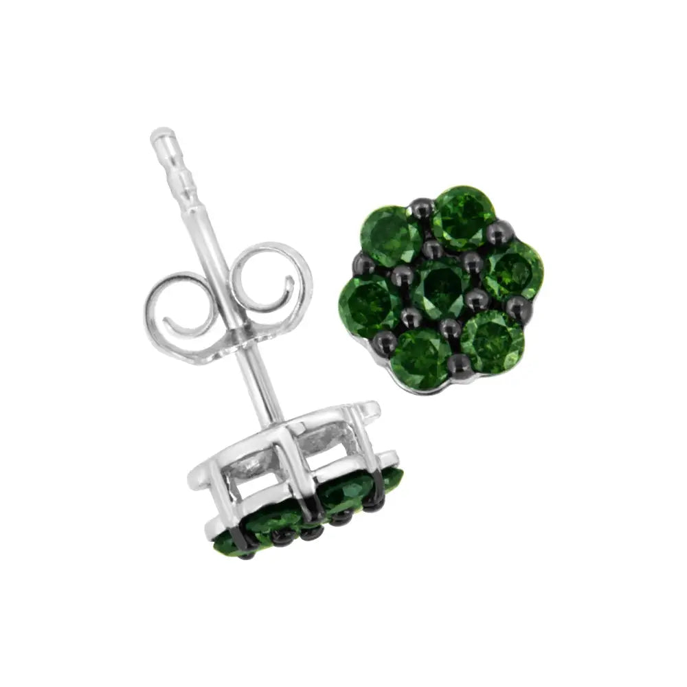 .925 Sterling Silver Prong Set Round-cut Treated Colored Diamond Floral Cluster Stud Earring - Choice of Colors