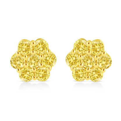 .925 Sterling Silver Prong Set Round-cut Treated Colored Diamond Floral Cluster Stud Earring - Choice of Colors