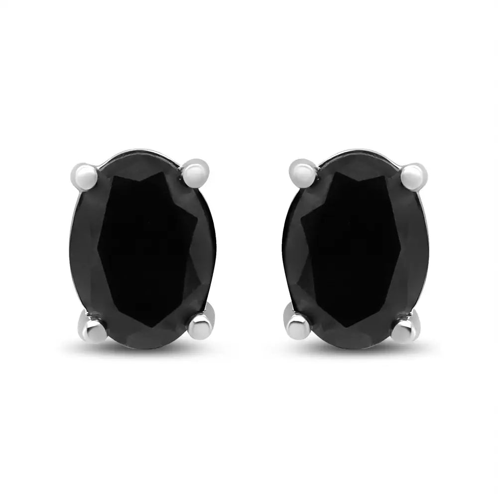 .925 Sterling Silver Prong Set Treated Black Oval Diamond Stud Earring (black Color I2-i3 Clarity) - Fine Jewelry