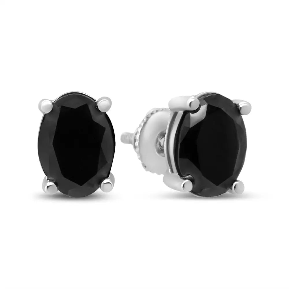 .925 Sterling Silver Prong Set Treated Black Oval Diamond Stud Earring (black Color I2-i3 Clarity) - Fine Jewelry